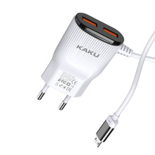 Заредете изображение във визуализатора на галерията – KAKU Wall charger KSC-488 Hongtai - 2xUSB - 2,4A with Micro USB cable white
