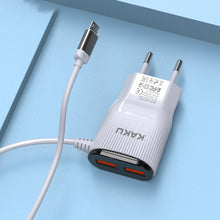 Заредете изображение във визуализатора на галерията – KAKU Wall charger KSC-488 Hongtai - 2xUSB - 2,4A with Micro USB cable white
