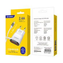 Заредете изображение във визуализатора на галерията – KAKU Wall charger KSC-488 Hongtai - 2xUSB - 2,4A with Micro USB cable white
