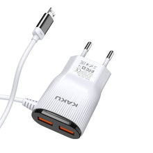Заредете изображение във визуализатора на галерията – KAKU Wall charger KSC-488 Hongtai - 2xUSB - 2,4A with Micro USB cable white
