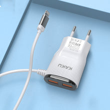 Заредете изображение във визуализатора на галерията – KAKU Wall charger KSC-488 Hongtai - 2xUSB - 2,4A with Lightning cable white

