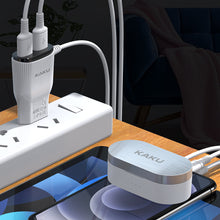 Заредете изображение във визуализатора на галерията – KAKU Wall charger KSC-488 Hongtai - 2xUSB - 2,4A with Lightning cable white

