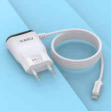 Заредете изображение във визуализатора на галерията – KAKU Wall charger KSC-488 Hongtai - 2xUSB - 2,4A with Lightning cable white
