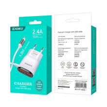 Заредете изображение във визуализатора на галерията – KAKU Wall charger KSC-488 Hongtai - 2xUSB - 2,4A with Lightning cable white
