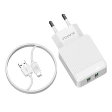 Заредете изображение във визуализатора на галерията – KAKU Wall charger KSC-371 Haoyi - 2xUSB - 12W 2,4A with USB to Lightning cable white
