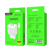 Заредете изображение във визуализатора на галерията – KAKU Wall charger KSC-371 Haoyi - 2xUSB - 12W 2,4A with USB to Lightning cable white
