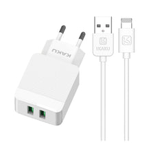 Заредете изображение във визуализатора на галерията – KAKU Wall charger KSC-371 Haoyi - 2xUSB - 12W 2,4A with USB to Lightning cable white
