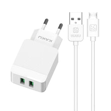 Заредете изображение във визуализатора на галерията – KAKU Wall charger KSC-371 Haoyi - 2xUSB - 12W 2,4A with USB to Micro USB cable white
