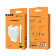 Заредете изображение във визуализатора на галерията – KAKU Wall charger KSC-371 Haoyi - 2xUSB - 12W 2,4A with USB to Micro USB cable white
