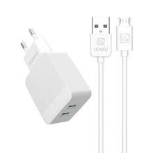 Заредете изображение във визуализатора на галерията – KAKU Wall charger KSC-371 Haoyi - 2xUSB - 12W 2,4A with USB to Micro USB cable white
