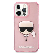 Заредете изображение във визуализатора на галерията – Original KARL LAGERFELD Case Glitter Karl`s Head Hardcase KLHCP13XKHTUGLP for Iphone 13 Pro Max Pink

