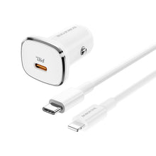 Заредете изображение във визуализатора на галерията – Borofone Car charger BZ12B Lasting Power - Type C - PD QC 3.0 18W 3A with Type C to Lightning cable white
