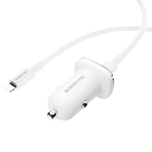 Заредете изображение във визуализатора на галерията – Borofone Car charger BZ12B Lasting Power - Type C - PD QC 3.0 18W 3A with Type C to Lightning cable white
