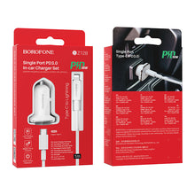 Заредете изображение във визуализатора на галерията – Borofone Car charger BZ12B Lasting Power - Type C - PD QC 3.0 18W 3A with Type C to Lightning cable white
