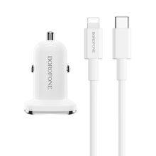 Заредете изображение във визуализатора на галерията – Borofone Car charger BZ12B Lasting Power - Type C - PD QC 3.0 18W 3A with Type C to Lightning cable white
