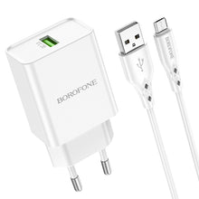 Заредете изображение във визуализатора на галерията – Borofone Wall charger BN5 Sunlight - USB - QC 3.0 18W with USB to Micro USB cable white
