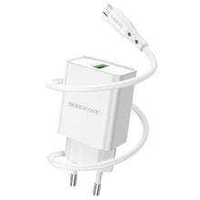 Заредете изображение във визуализатора на галерията – Borofone Wall charger BN5 Sunlight - USB - QC 3.0 18W with USB to Micro USB cable white
