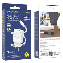 Заредете изображение във визуализатора на галерията – Borofone Wall charger BN5 Sunlight - USB - QC 3.0 18W with USB to Micro USB cable white
