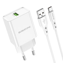 Заредете изображение във визуализатора на галерията – Borofone Wall charger BN5 Sunlight - USB - QC 3.0 18W with USB to Type C cable white
