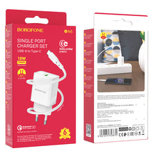 Заредете изображение във визуализатора на галерията – Borofone Wall charger BN5 Sunlight - USB - QC 3.0 18W with USB to Type C cable white

