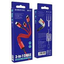 Заредете изображение във визуализатора на галерията – Borofone Cable BX50 Fresco 3 in 1 - USB to Type C, Micro USB, Lightning - 2,4A 1 metre red
