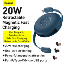 Заредете изображение във визуализатора на галерията – Baseus Cable Zinc Magnetic 3 in 1 - Type C to Micro USB, Lightning, Type C - 20W 1 metre (CAMLC-03) blue
