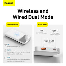 Заредете изображение във визуализатора на галерията – Baseus Power Bank 10000mAh magnetic with induction charging - USB + Type C - QC 3.0 PD 3.0 20W (PPMT-02) white
