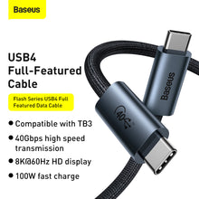 Заредете изображение във визуализатора на галерията – Baseus Cable Flash Series - Type C to Type C - USB4 100W 1 metre (CASS010014) dark grey
