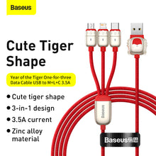 Заредете изображение във визуализатора на галерията – Baseus Cable Year of the Tiger 3 in 1 - USB to Type C, Lightning, Micro USB - 3,5A 1,2 metres (CASX010009) red
