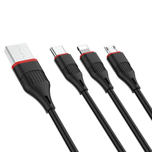 Заредете изображение във визуализатора на галерията – Borofone Cable BX17 Enjoy 3 in 1 - USB to Type C, Micro USB, Lightning - 2,4A 1 metre black
