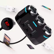 Заредете изображение във визуализатора на галерията – Car Cigarette Lighter Socket Splitter B39 Type C - 3 sockets + 2xUSB - 3,1A with display and cable
