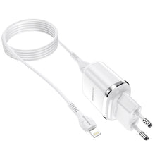 Заредете изображение във визуализатора на галерията – Borofone Wall charger DBN4 Aspiring - 2xUSB - 2,4A with USB to Lightning cable white
