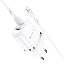 Заредете изображение във визуализатора на галерията – Borofone Wall charger DBN4 Aspiring - 2xUSB - 2,4A with USB to Lightning cable white
