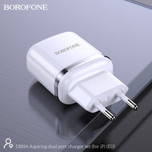 Заредете изображение във визуализатора на галерията – Borofone Wall charger DBN4 Aspiring - 2xUSB - 2,4A with USB to Lightning cable white
