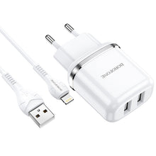 Заредете изображение във визуализатора на галерията – Borofone Wall charger DBN4 Aspiring - 2xUSB - 2,4A with USB to Lightning cable white
