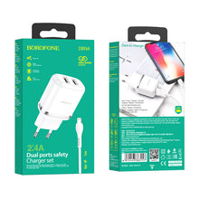 Заредете изображение във визуализатора на галерията – Borofone Wall charger DBN4 Aspiring - 2xUSB - 2,4A with USB to Lightning cable white
