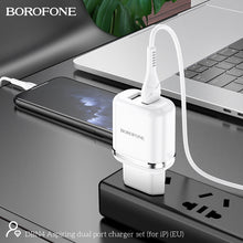 Заредете изображение във визуализатора на галерията – Borofone Wall charger DBN4 Aspiring - 2xUSB - 2,4A with USB to Lightning cable white
