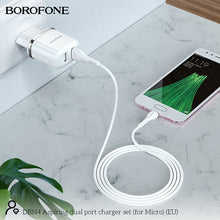Заредете изображение във визуализатора на галерията – Borofone Wall charger DBN4 Aspiring - 2xUSB - 2,4A with USB to Micro USB cable white
