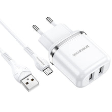 Заредете изображение във визуализатора на галерията – Borofone Wall charger DBN4 Aspiring - 2xUSB - 2,4A with USB to Micro USB cable white
