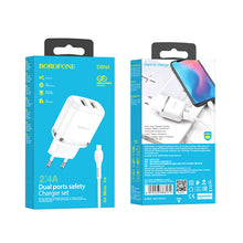 Заредете изображение във визуализатора на галерията – Borofone Wall charger DBN4 Aspiring - 2xUSB - 2,4A with USB to Micro USB cable white
