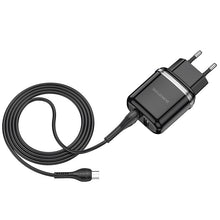 Заредете изображение във визуализатора на галерията – Borofone Wall charger DBN4 Aspiring - 2xUSB - 2,4A with USB to Micro USB cable black
