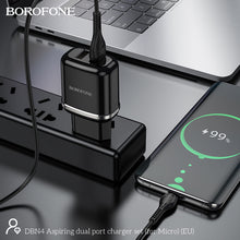 Заредете изображение във визуализатора на галерията – Borofone Wall charger DBN4 Aspiring - 2xUSB - 2,4A with USB to Micro USB cable black
