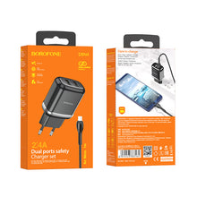 Заредете изображение във визуализатора на галерията – Borofone Wall charger DBN4 Aspiring - 2xUSB - 2,4A with USB to Micro USB cable black
