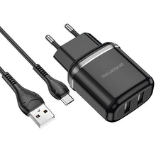Заредете изображение във визуализатора на галерията – Borofone Wall charger DBN4 Aspiring - 2xUSB - 2,4A with USB to Micro USB cable black
