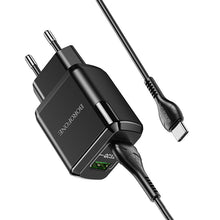 Заредете изображение във визуализатора на галерията – Borofone Wall charger DBN6 Charmer - 2xUSB - QC 3.0 18W 3A with USB to Type C cable black
