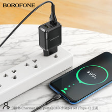 Заредете изображение във визуализатора на галерията – Borofone Wall charger DBN6 Charmer - 2xUSB - QC 3.0 18W 3A with USB to Type C cable black
