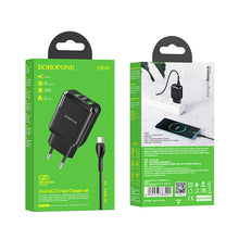 Заредете изображение във визуализатора на галерията – Borofone Wall charger DBN6 Charmer - 2xUSB - QC 3.0 18W 3A with USB to Type C cable black
