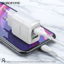 Заредете изображение във визуализатора на галерията – Borofone Wall charger DBN6 Charmer - 2xUSB - QC 3.0 18W 3A with USB to Type C cable white
