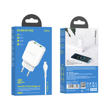 Заредете изображение във визуализатора на галерията – Borofone Wall charger DBN6 Charmer - 2xUSB - QC 3.0 18W 3A with USB to Type C cable white
