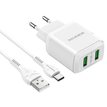 Заредете изображение във визуализатора на галерията – Borofone Wall charger DBN6 Charmer - 2xUSB - QC 3.0 18W 3A with USB to Type C cable white
